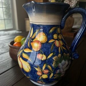 Large Hand Painted Mediterranean Tuscan Fruit Pitcher Vase Blue Lemon Grapes